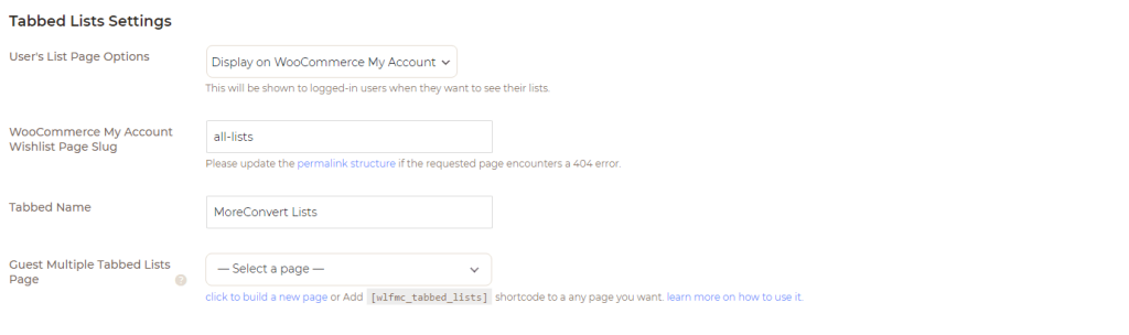 Tabbed Lists Settings - MoreConvert
